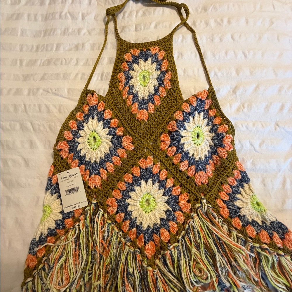 Free People “ Summer of Love “NWT Size M/L Multicolor Crochet Fringe Tank Top - Picture 13 of 15